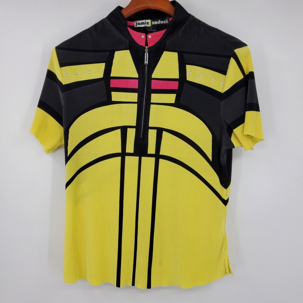 Jamie Sadock Womens Yellow Black Geometric 1/4 Zip Golf Top Rhinestone Large Y2K